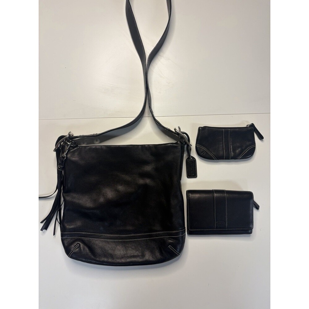 Coach Black Shoulder Bag Zip Closure Adjustable Strap w/ Wallet & Coin Purse 3pc